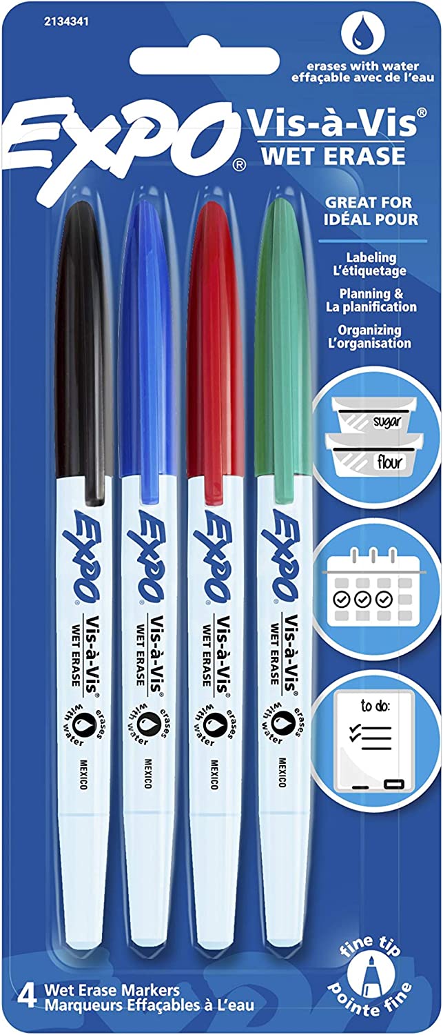 EXPO 16074 Vis-A-Vis Wet-Erase Overhead Transparency Markers, Fine Point, Assorted Colors, 4-Count