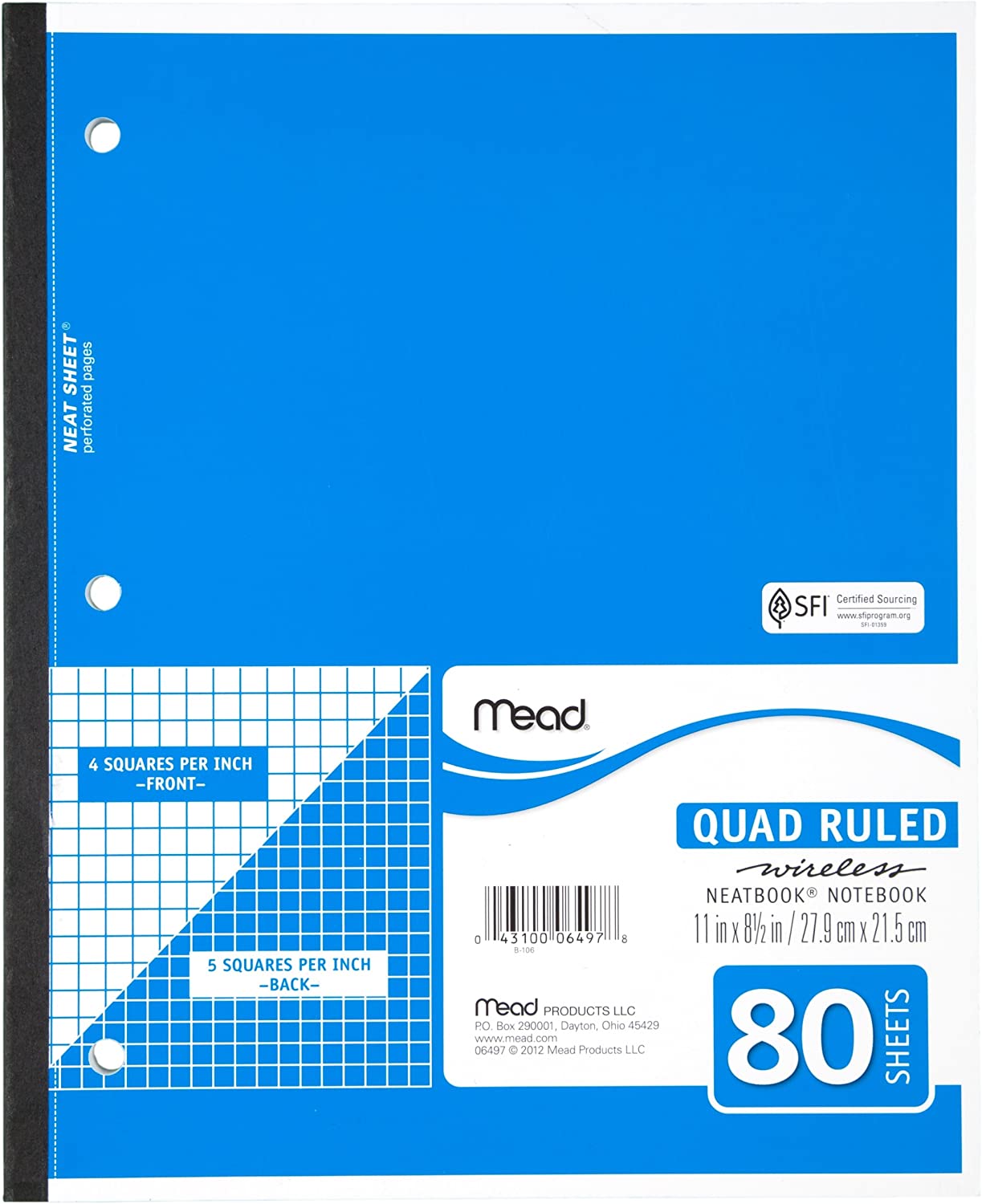 Mead Notebook Wireless 1 Subject Quad Ruled 8-1/2" x 11" 80 Sheets Neatbook Assorted Colors Color Will Vary (06497)