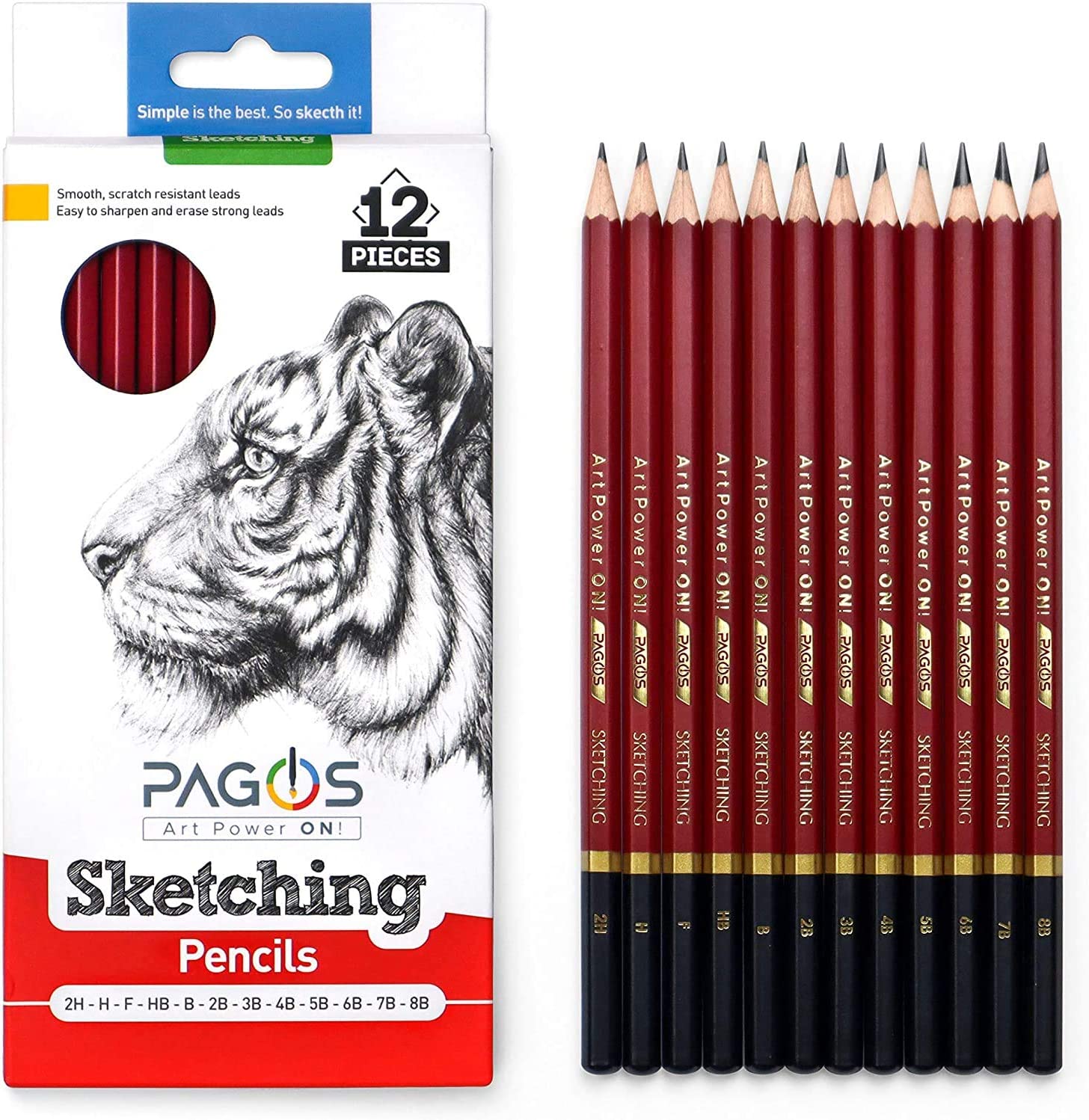 Pagos Sketching Pencils â€“ 12 Pieces Professional Graphite Pencil Set for Drawing â€“ 2H\ H\ F\ HB\ B\ 2B\ 3B\ 4B\ 5B\ 6B\ 7B\ 8B Art Travel Set - Shading Pencils\ Drawing Art Supplies\ Sketching Set
