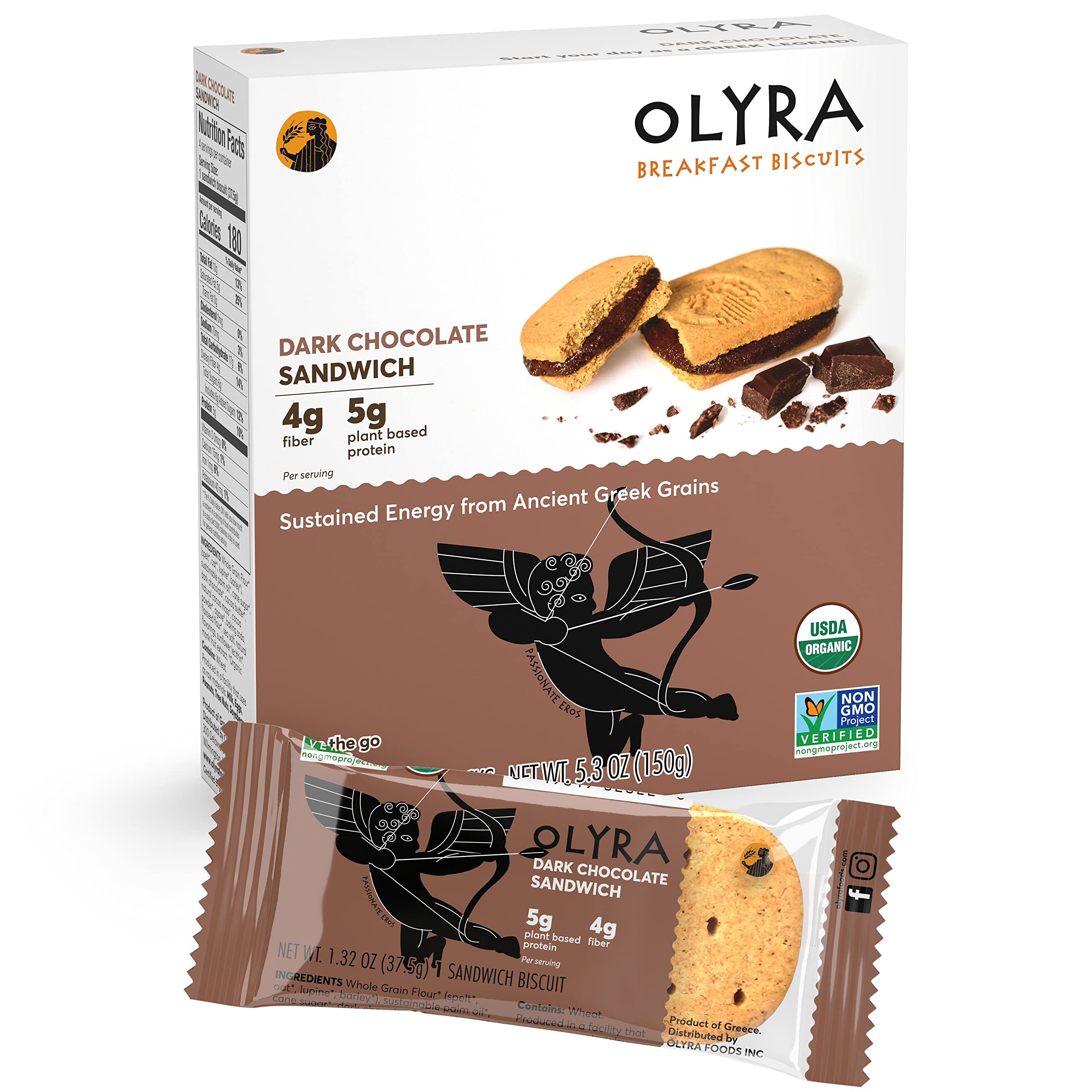 Olyra Organic Breakfast Biscuits Dark Chocolate | Healthy Snacks, Low Sugar, High Fiber, Plant Based Protein Cookies (1 Box of 4 Packs)