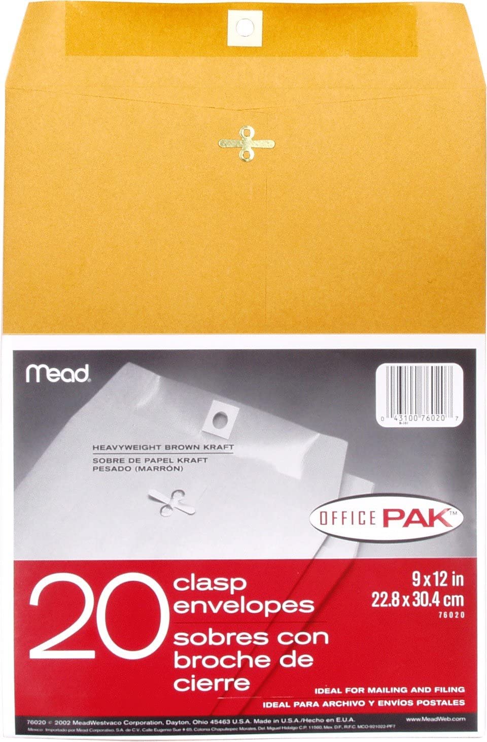 Mead Letter Size Mailing Envelopes Clasp Closure All-Purpose 24-lb Paper 9" X 12" Brown Kraft Material 20/Pack (76020)