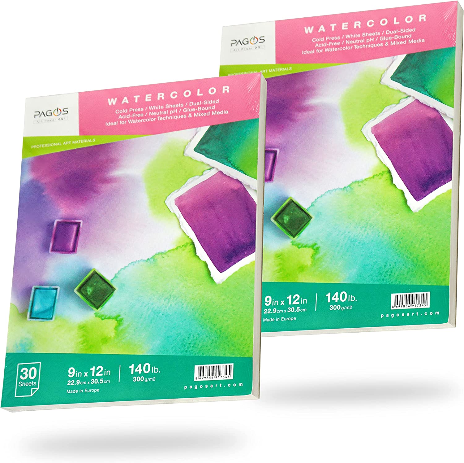 Pagos Watercolor Paper â€“ 60 White Sheets (9x12 inch) x 2 Pack | 140lb/300gsm | Dual-Sided | Glue Bound | Cold Pressed | Acid-Free Paper Pad Perfectly Use with Any Wet Medium (60 Sheets)