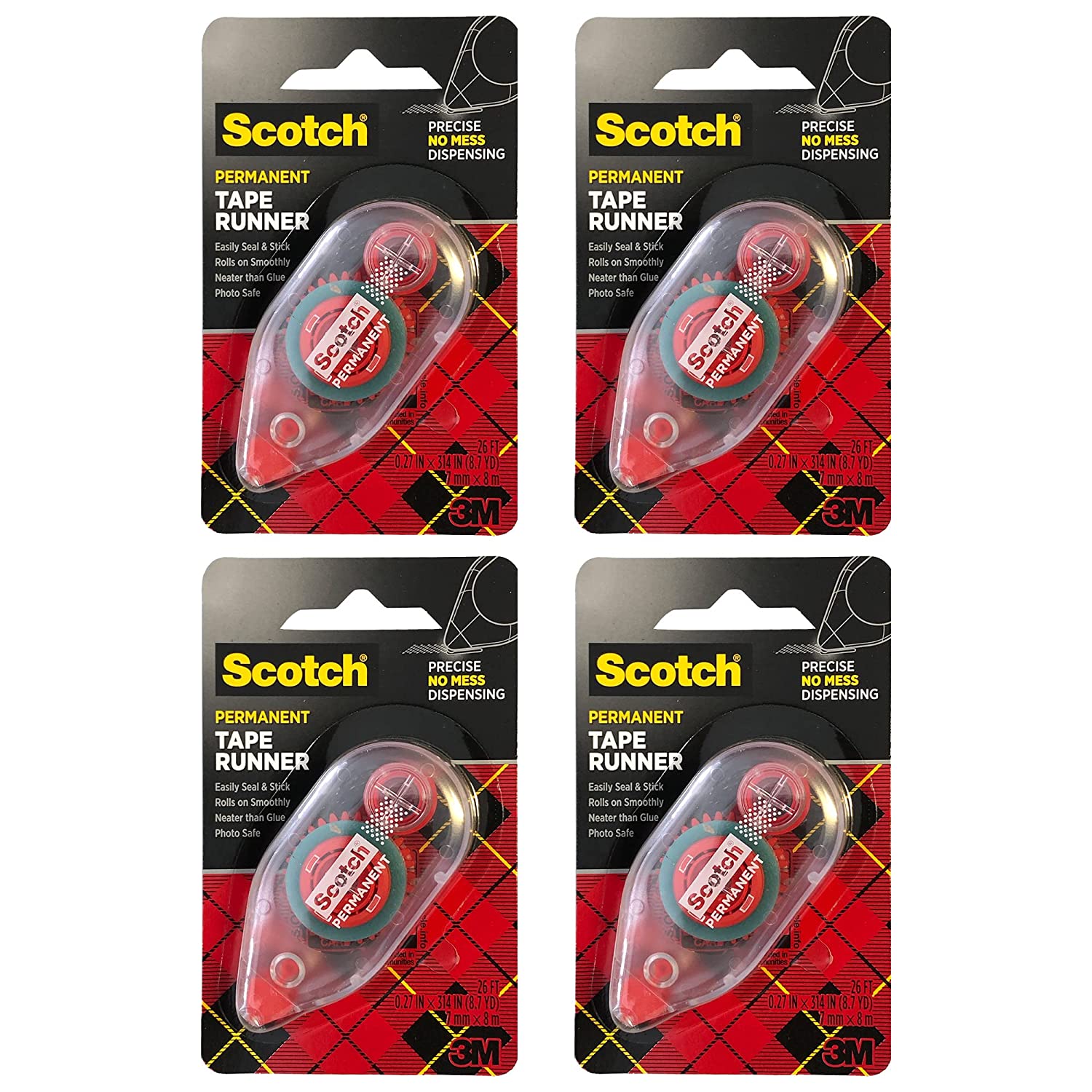 Scotch 3M Scotch Double Sided Adhesive Roller\ 7 mm x 8 m\ Red\ 4 Pack