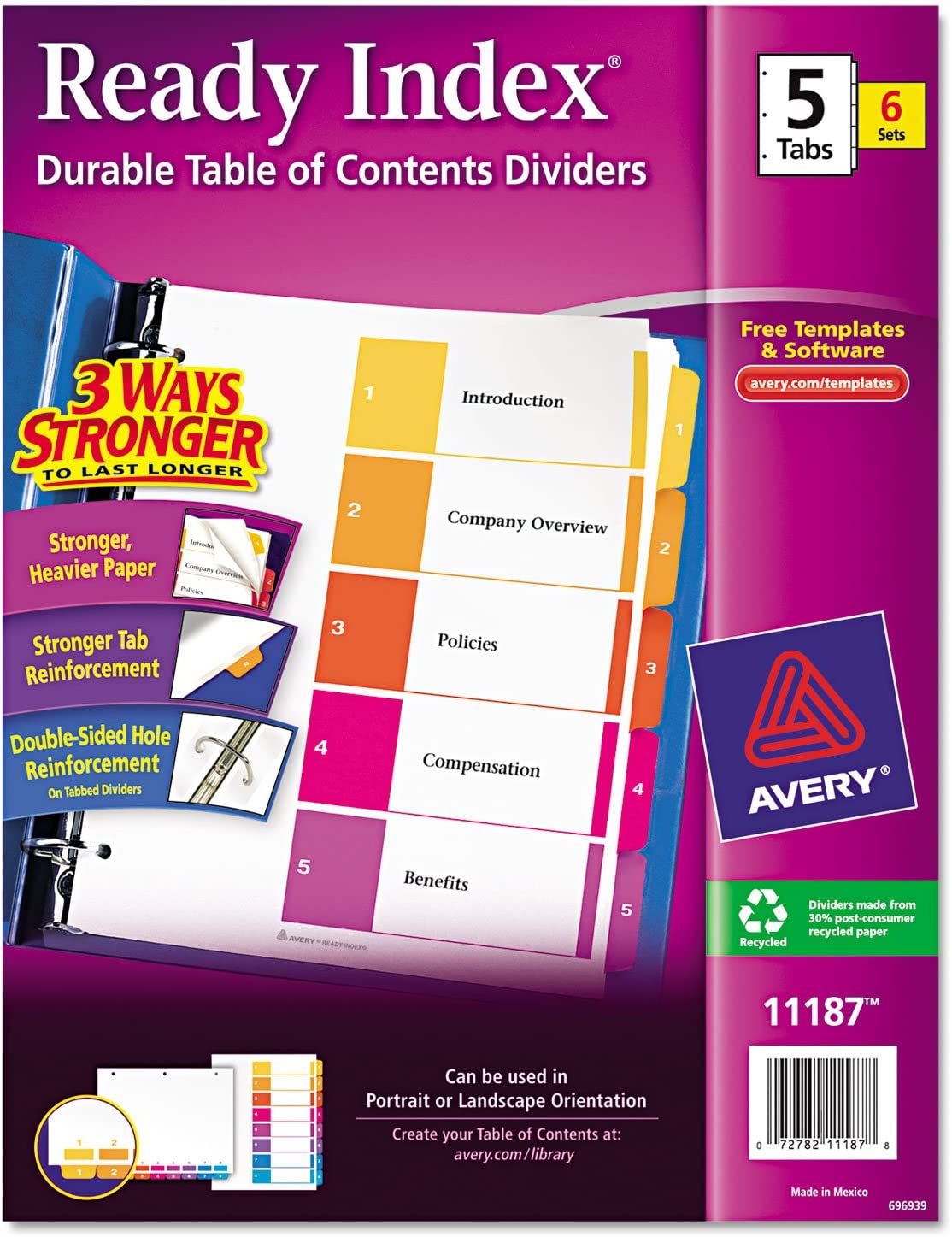 Avery 11187 Ready Index Dividers, Tabs 1-5, Letter Size, Multicolor, 6 Sets/Pk