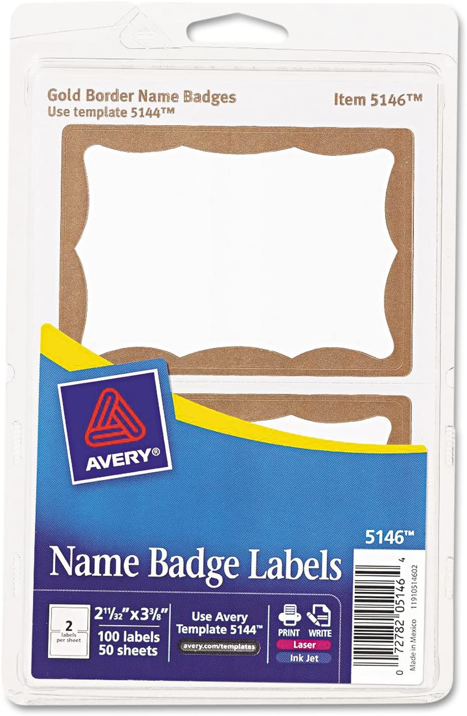 Avery 5146 Name Badge Labels\ 2-11/32-Inch X3-3/8-Inch\ 100/Pk\ Gold Border