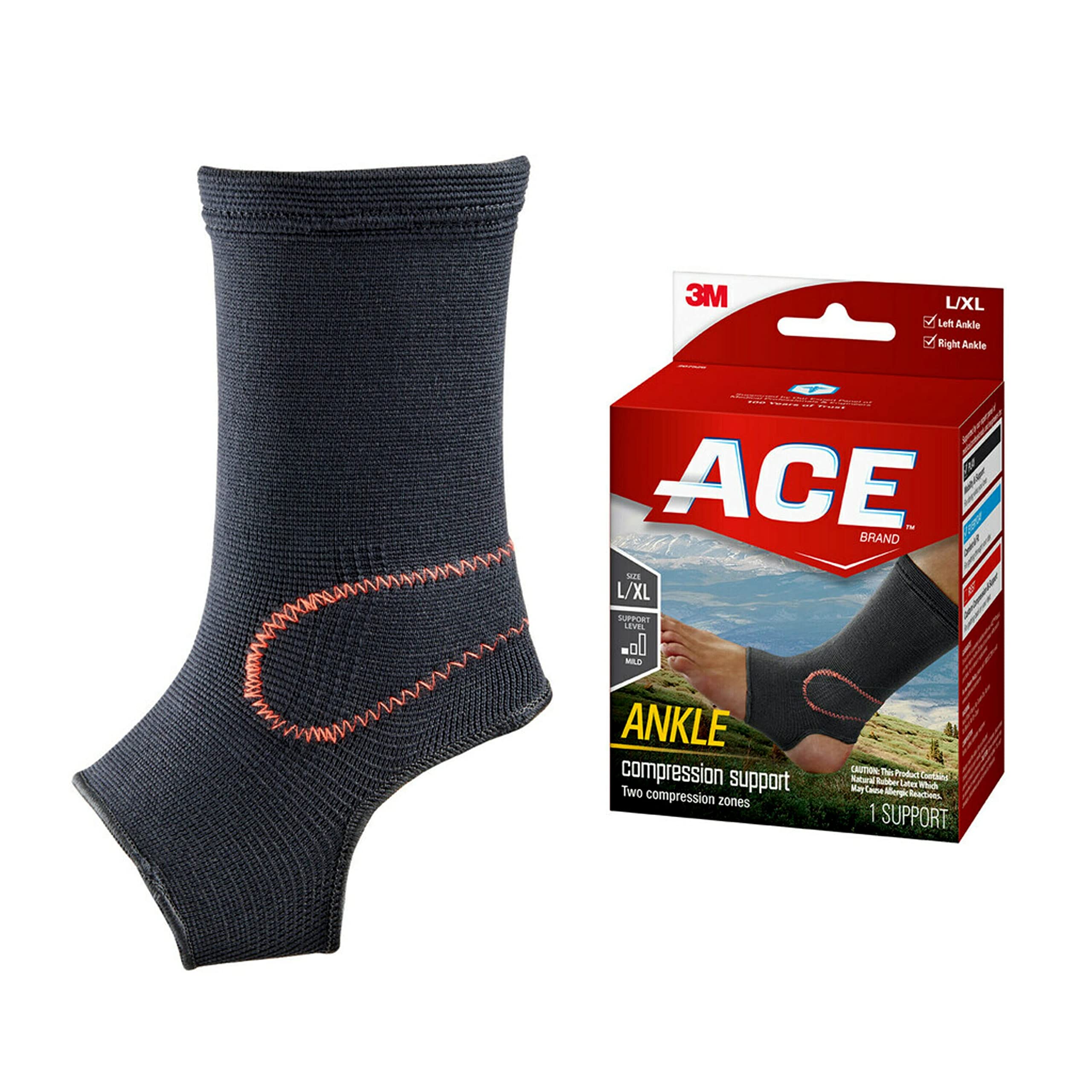 ACE Brand Compression Ankle Support, Large/X-Large, Black, 1/Pack