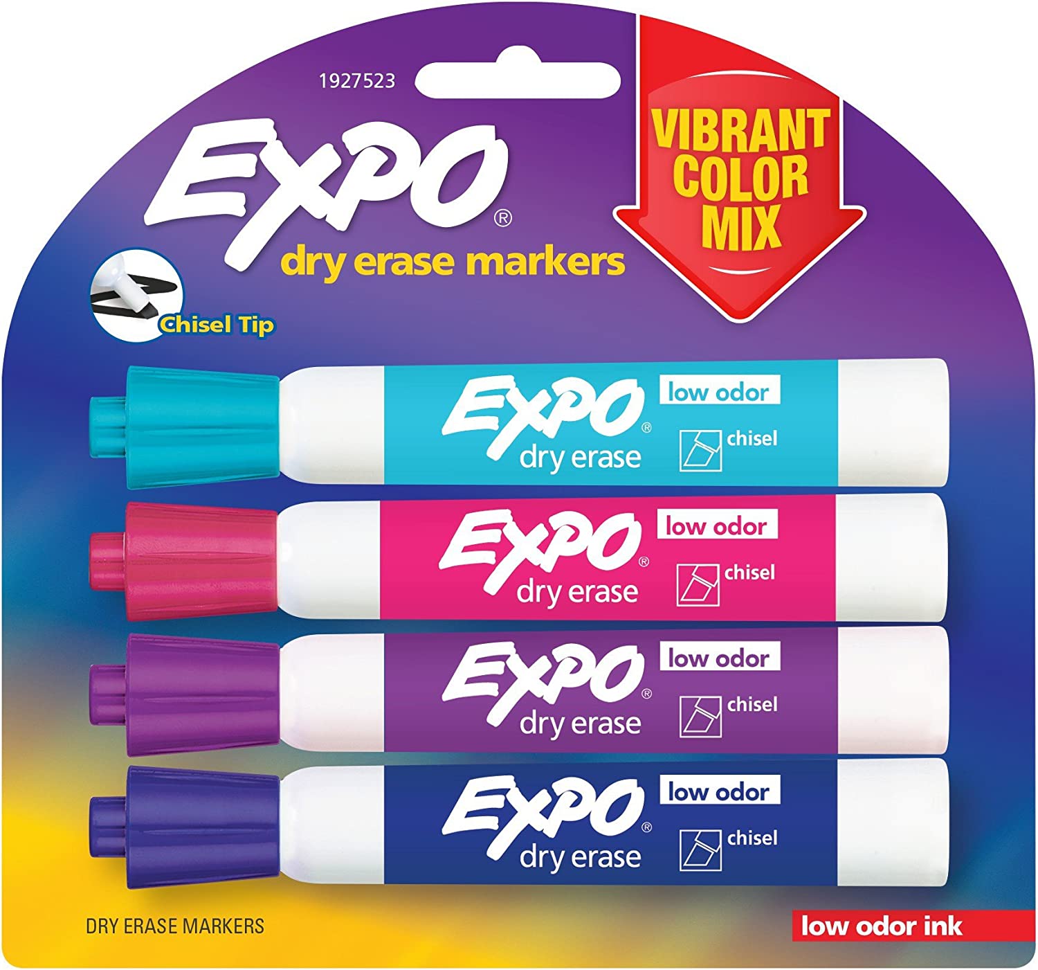 EXPO 1927523 Low-Odor Dry Erase Markers\ Chisel Tip\ Vibrant Colors\ 4-Count