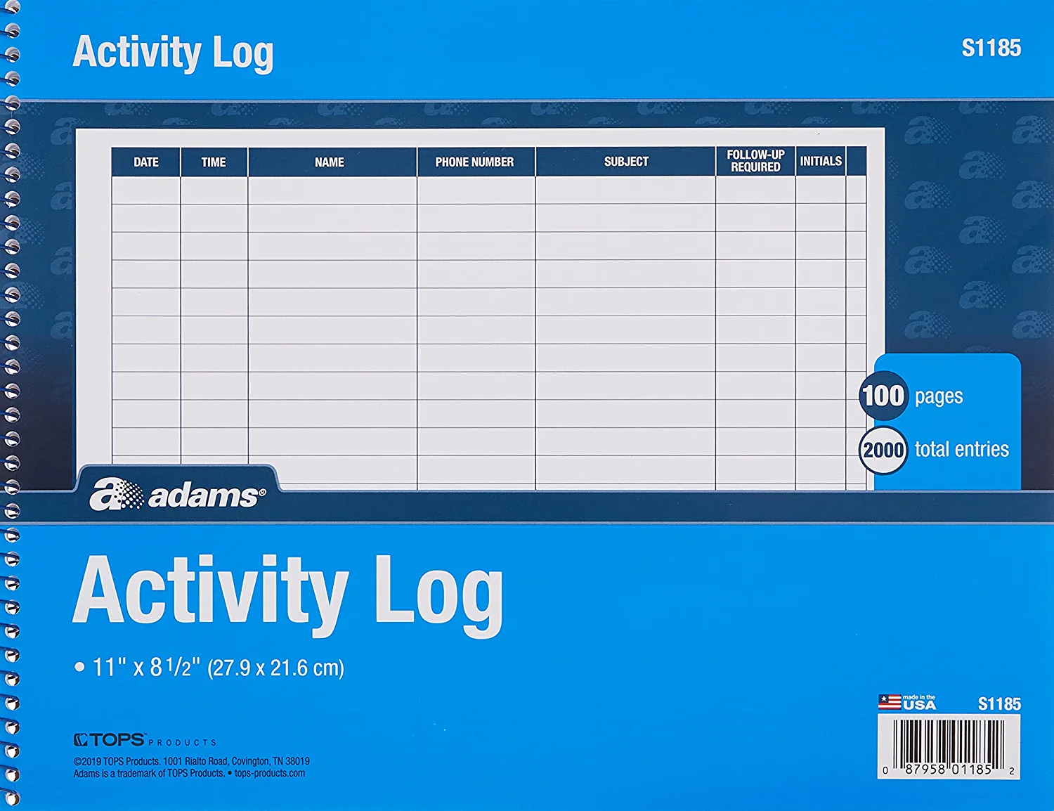 Adams Activity Log Book\ Spiral Bound\ 8.5 x 11 Inches\ 100 Pages\ White (S1185ABF)