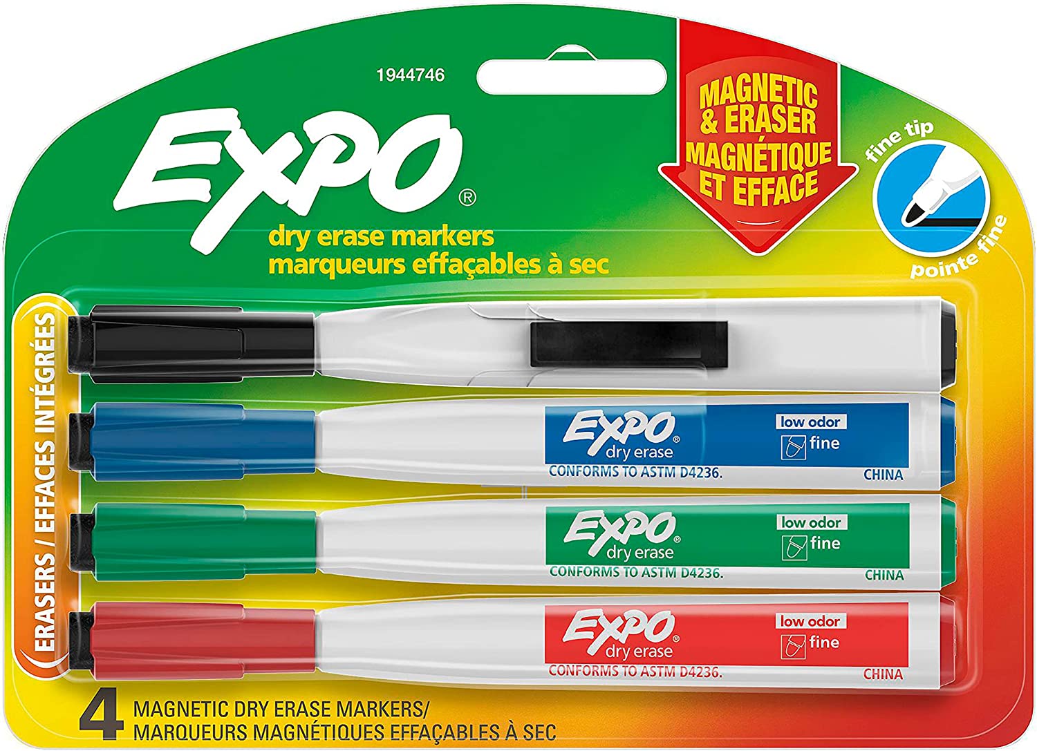 EXPO Magnetic Dry Erase Markers with Eraser, Fine Tip, Low Odor Ink, 4 Count, 4 Assorted Colors: Black, Red, Blue, Green