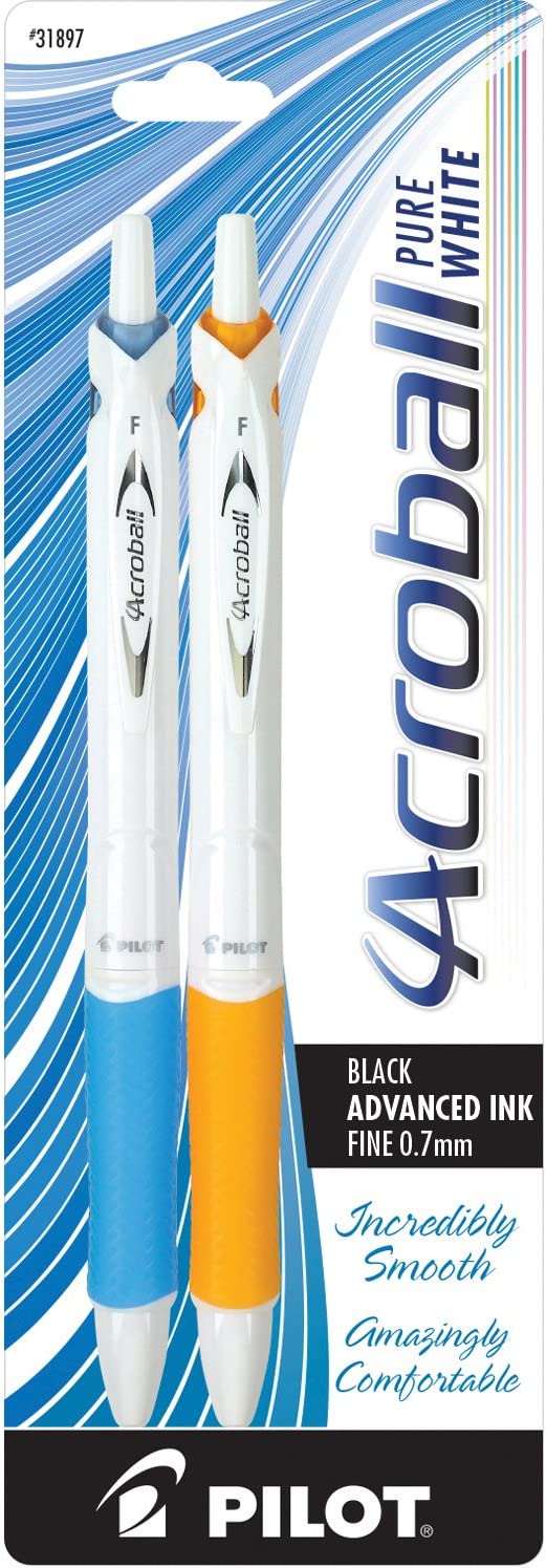 PILOT Acroball PureWhite Advanced Ink Refillable & Retractable Ball Point Pens with Silver Accents\ Fine Point\ Black Ink