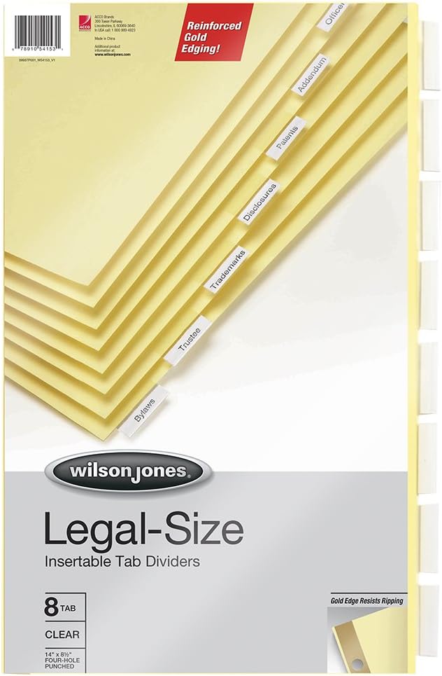 Wilson Jones Legal Insertable Dividers, 8-Tab Set, 4-Hole Punched, Clear Tabs on Buff Paper, 8.5 x 14 Inches (W54153)