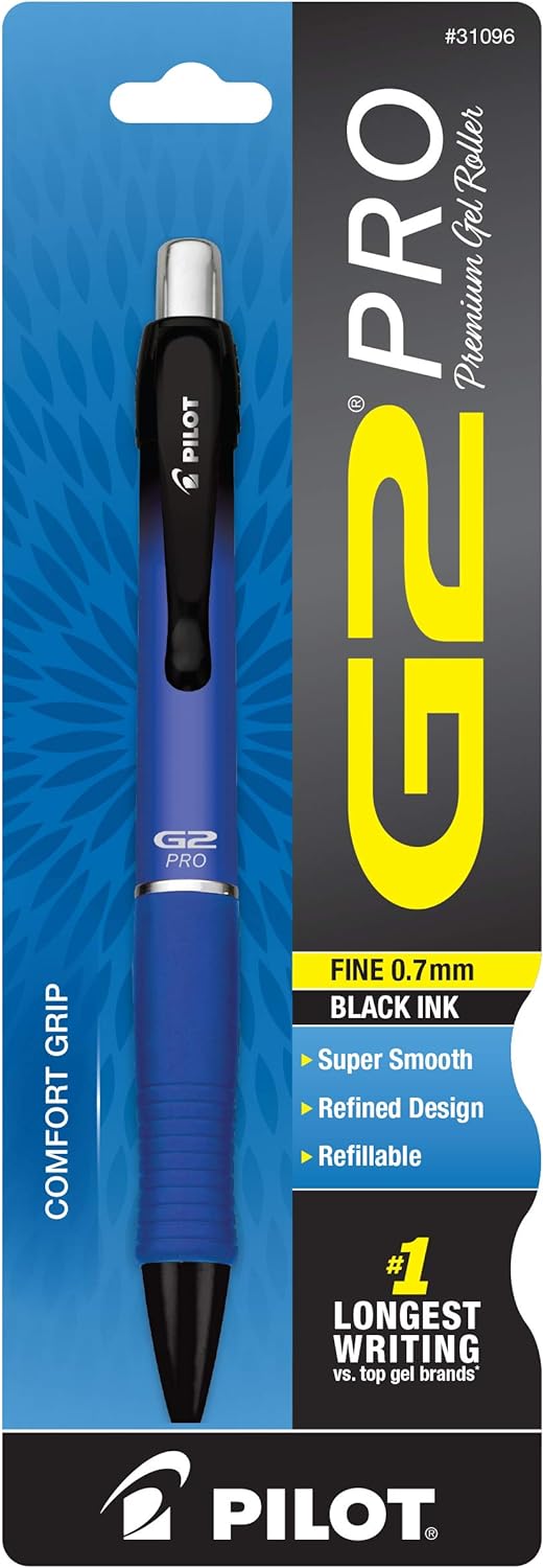 Pilot, G2 Pro Gel Roller Pen, Fine Point 0.7 mm, Blue Barrel, Black Ink